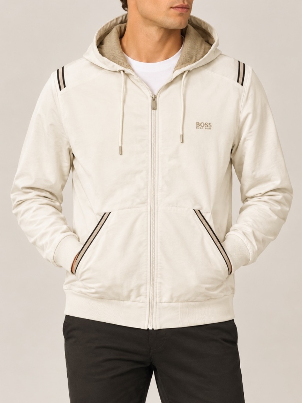 Hugo Boss embroiled stripped White Zip-Up Jacket, size large